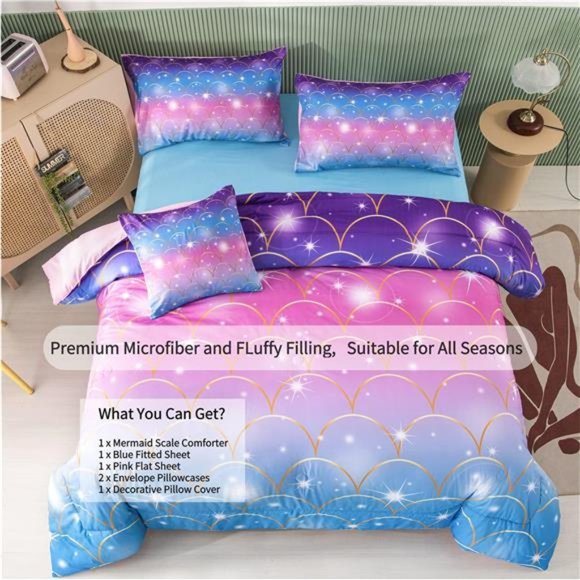 6Pcs Teal Pink Sparkle Mermaid Comforter Sets Twin Size,3D Rainbow Glitter Girls - Picture 6 of 6